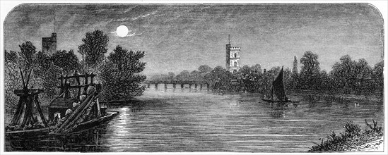 'Putney Bridge and Church by Moonlight', 1880. Artist: Robert Taylor Pritchett