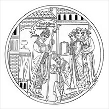 Hedda of Winchester consecrates St Guthlac, late 12th century, (1843).Artist: Henry Shaw