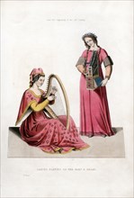 'Ladies Playing on the Harp and Organ', early 14th century, (1843).Artist: Henry Shaw
