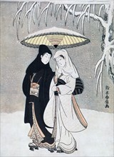 'Crow and Heron, or Young Lovers Walking Together under an Umbrella in a Snowstorm', c1769.Artist: Suzuki Harunobu