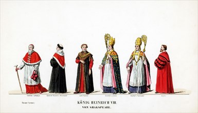 Theatre costume designs for Shakespeare's play, Henry VIII, 19th century. Artist: Unknown