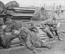German prisoners asleep after the battle at Plessis-de-Roye, Picardy, France, 30 March 1918. Artist: Unknown