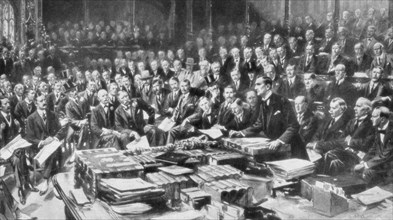 The scene in the House of Commons, Westminster, London, 3 August 1914. Artist: Unknown