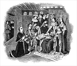 Lord Rivers and Caxton before Edward IV, 15th century, (1910). Artist: Unknown