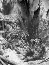 'A German Shell Explodes in a British Trench', 1914, (1926).Artist: Arthur C Michael
