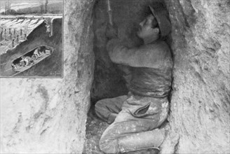 A French sapper digging a tunnel to place a mine under the enemy lines, France, 1915. Artist: Unknown