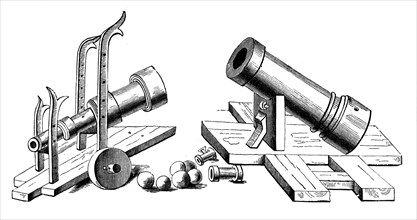 Bombards on fixed and rolling carriages, (1870). Artist: Unknown