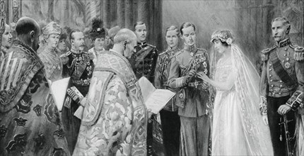 The Duke of York placing the ring on Lady Elizabeth Bowes-Lyon's finger, 26 April 1923, (1937). Artist: Unknown