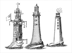 Winstanley, Smeaton and Rudyerd lighthouses, (1833). Artist: Unknown