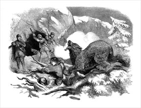 Jack Curling's narrow escape from a ferocious bear, 1855. Artist: Unknown