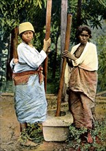 Women pounding rice, Madagascar,  late 19th century. Artist: Unknown
