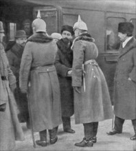 Leon Trotsky arriving for peace negotiations with the Germans, Brest-Litovsk, 7 January 1918. Artist: Unknown
