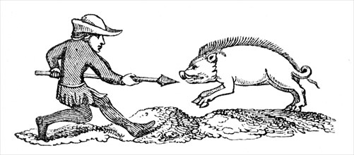 Spearing a Boar, 14th century, (1833). Artist: Unknown