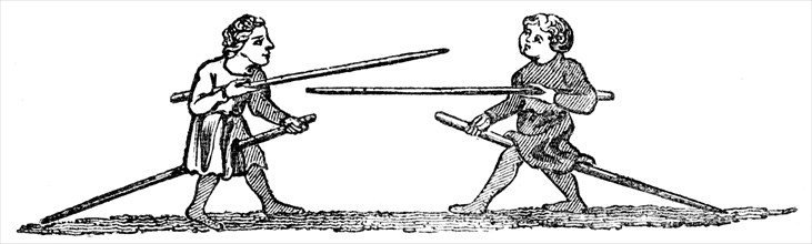 Boys Tilting in Pastime, 14th century, (1833). Artist: Unknown