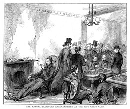 The annual blindfold entertainment at the city chess club, 1876. Artist: Unknown