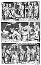 A triptych of the healing work of St Remy, Bishop of Reims, 11th century (1870). Artist: Unknown