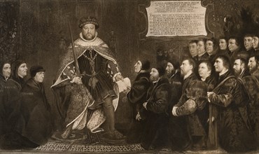'Henry VIII, Granting a Charter to the Barbers and Surgeons Guilds', 1541, (1902).Artist: Hans Holbein the Younger
