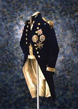 The uniform Admiral Lord Nelson wore when he was killed at the Battle of Trafalgar, 1805. Artist: Unknown