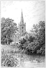 Stratford church as seen from the river, Stratford-upon-Avon, Warwickshire, 1885.Artist: Edward Hull