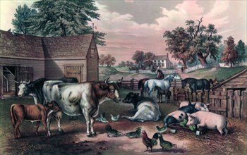 'American Farm Yard in the Evening', 1857. Artist: Currier and Ives