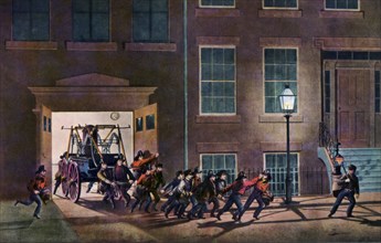 'The Night Alarm, The Life of a Fireman', 1854.Artist: Nathaniel Currier