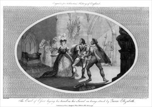 The Earl of Essex laying his hand on his sword on being struck by Queen Elizabeth, (1792).Artist: Wooding