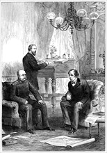 Benjamin Disraeli (1804-1881) meeting with Otto von Bismarck (1815-1898), Berlin, 1878. Artist: Unknown