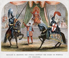 Richard II stopping the combat between the Dukes of Norfolk and Hereford, 1398. Artist: Unknown