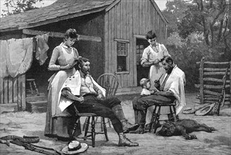 'One of a Lady's Duties - Hair Cutting En Famille', 1889. Artist: Unknown