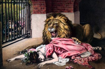 'Caged Lion with sleeping woman'. c19th century. Artist: Unknown