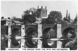 The bridge over the Wye and cathedral, Hereford, 1936. Artist: Unknown