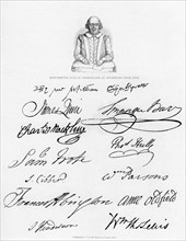 Bust of Shakespeare and signatures of celebrated actors, (1840). Artist: Unknown