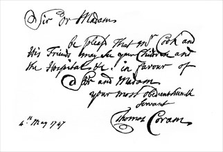 A note from Thomas Coram, the founder of the 'Foundling Hospital', 1747, (1840). Artist: Thomas Coram