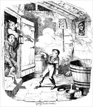 A man shoots a young boy who he suspects of stealing, 19th century.Artist: George Cruikshank