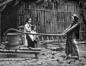 Rice mill, Indochina, 19th century. Artist: Robin