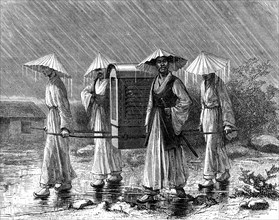 Palanquin bearers in rain costume, Korea, 19th century.Artist: Mario Azzopardi