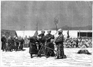 Chinese military exercise, Kashgar, China, 19th century. Artist: Delort