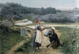 A hunter takes a drink from a young woman, Russia, c1890. Artist: Gillot