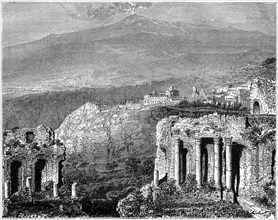 Mount Etna and a view of Taormina, Sicily, Italy, 19th century. Artist: Hubert Clerget