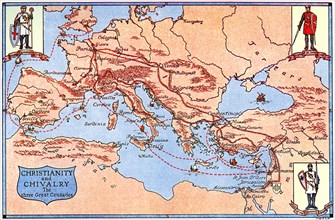 Map of the routes of the three great crusades, 1926.Artist: Criss