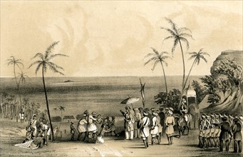 'The merchants of Calicut seized and chained to a barren rock by order of Tippoo Saib', (1847). Artist: Unknown