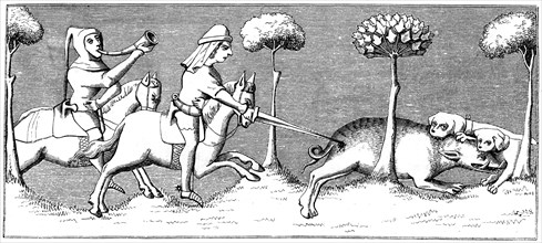Wild boar hunting with dogs, 14th century (1849). Artist: Unknown
