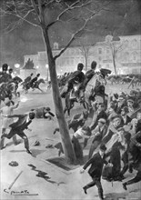 Gendarmes charging the rioters in the Place des Grand Sablons, Brussels, Belgium, 1902.Artist: G Amato