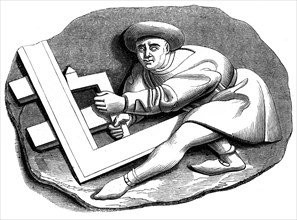 A carpenter's apprentice working at a trial piece, 15th century (1849). Artist: Unknown