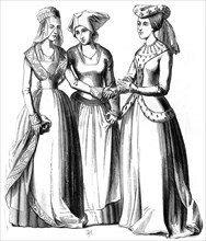 A bourgeoise, a peasant and a noble women, 14th century (1849).Artist: A Bisson