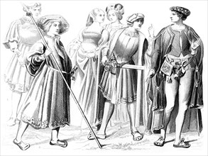 French noblemen and women, a yeomen of the guard, and a gentleman, 15th century (1849). Artist: Unknown