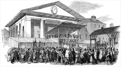 Election hustings in Covent Garden during the Westminster election, London, 1852. Artist: Unknown