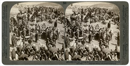 People coming up tp Jerusalem for sacrifice, outside the eastern wall, 1900.Artist: Underwood & Underwood