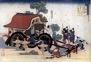 Pulling a three-wheeled carriage, Japanese woodcut, c1780-1849.Artist: Hokusai