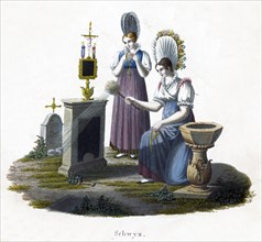 Two women standing before a headstone in a graveyard, c1800. Artist: Unknown